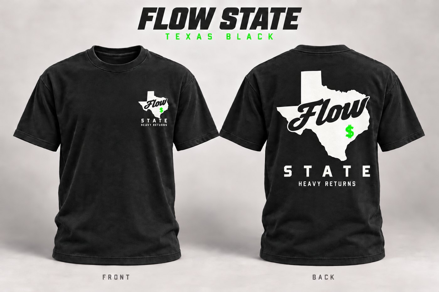 FLOW STATE tee, Texas Black colorway, same design.