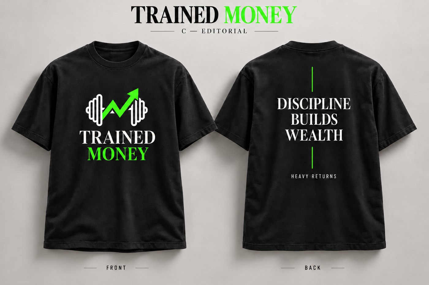 TRAINED MONEY Editorial tee, black. Front: barbell with green arrow over serif TRAINED MONEY. Back: DISCIPLINE BUILDS WEALTH.