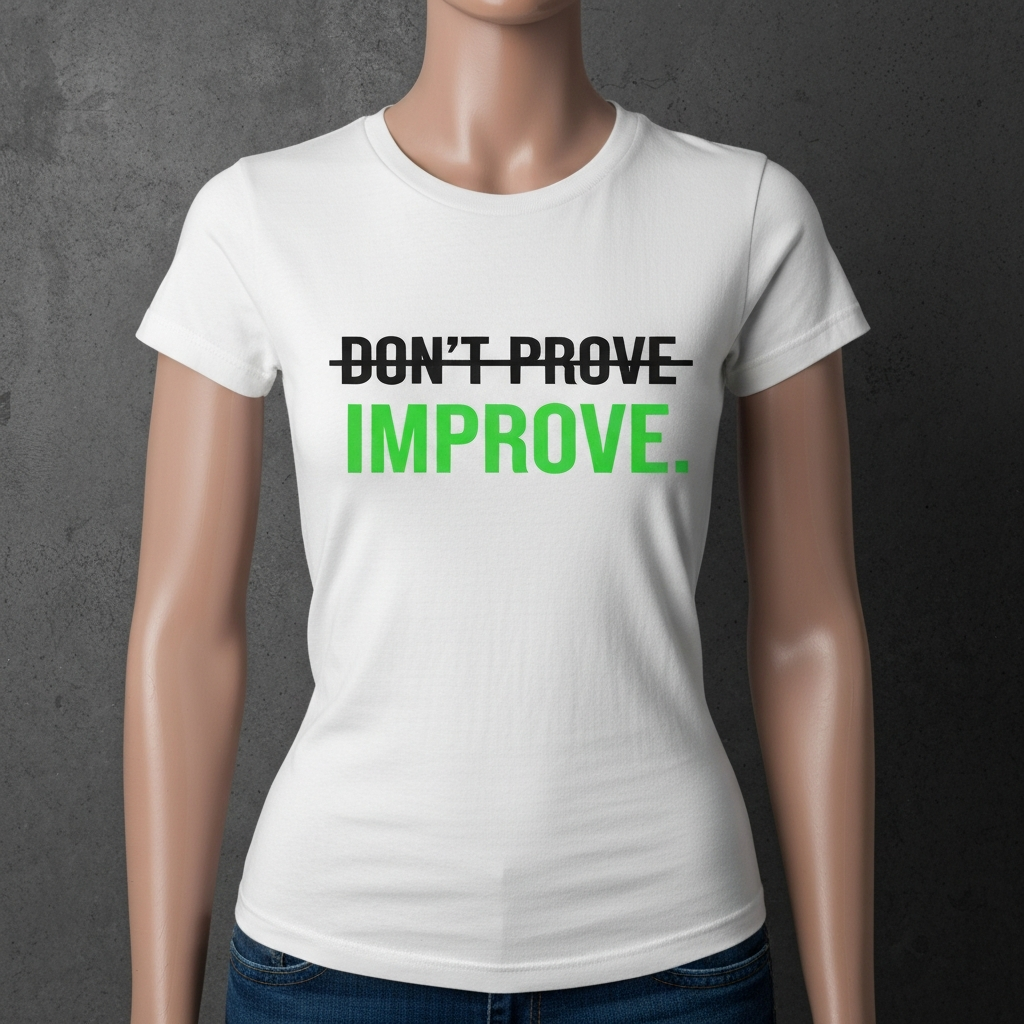 Don't Prove Improve strikethrough — women's white